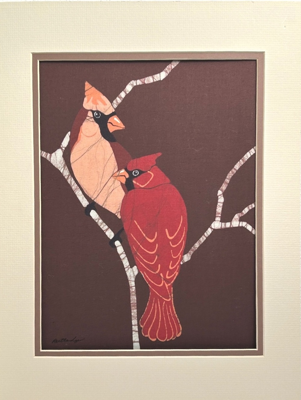 Pat Rutledge Batik Textile Art of Two Cardinals on Branch - Signed and Matted